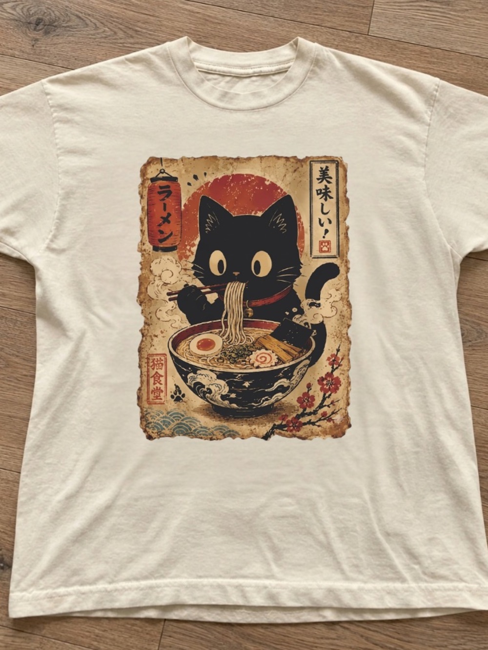 Japanese Black Cat Eating Ramen Noodles Asian Food T-Shirt